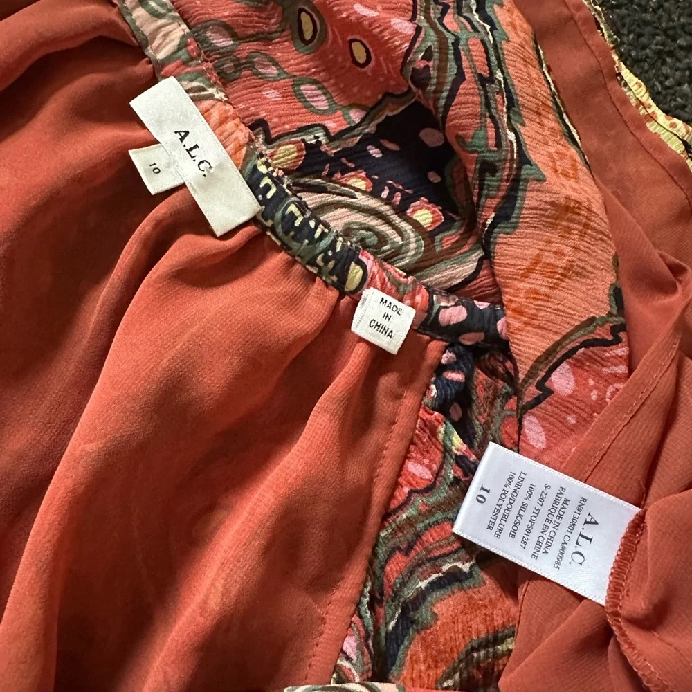 A.L.C. “June” Orange & Pink Paisley Floral 100% Silk Short Flutter Sleeve Top 10 - Picture 9 of 10